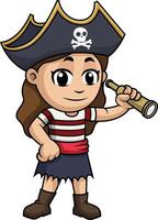 pequeño niña pirata con catalejo ilustración vector
