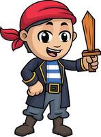 pequeño chico pirata con de madera espada ilustración vector