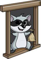 Raccoon thief escaping from a window illustration vector