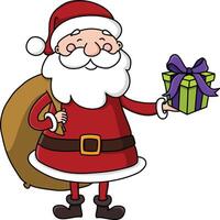 Santa with a gift bag on his back, holding a present illustration vector