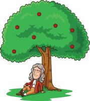 Isaac Newton under apple tree illustration vector