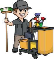 Male janitor with cleaning cart illustration vector