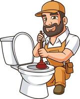 Handyman unclogging toilet illustration vector