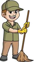 Man sweeping the floor with broom illustration vector