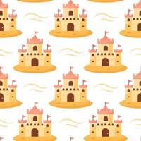 Summer sand castle seamless pattern. Sand castle in a colorful pattern on a white background. vector