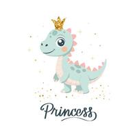 Princess dino card template. Cute dinosaur fairy, baby sweet poster. Scandinavian style animal, shirt print or sticker. Greeting card vector