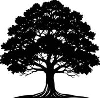 un roble árbol con raíces silueta negro vector