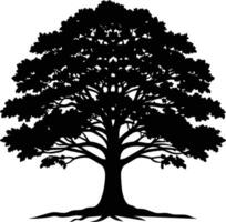 un roble árbol con raíces silueta negro vector