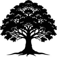 un roble árbol con raíces silueta negro vector