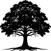 un roble árbol con raíces silueta negro vector