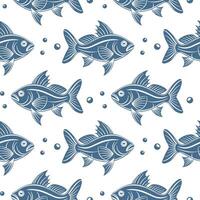 sin costura patrón, siluetas de mar pescado con agua burbujas en un blanco antecedentes. impresión, textiles vector