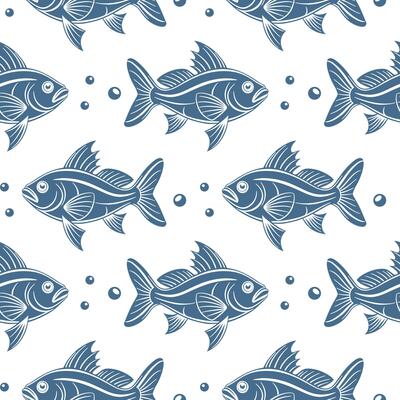 Seamless pattern, silhouettes of sea fish with water bubbles on a white background. Printing, textiles