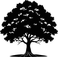 un roble árbol con raíces silueta negro vector