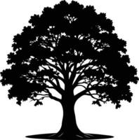 un roble árbol con raíces silueta negro vector