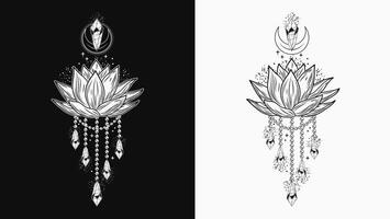 Vertical black and white label with lotus flower, magic crystal. Mysterious, mystical concept for meditation, clear consciousness. Vintage style. vector