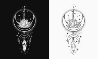 Vertical black and white celestial composition with lotus flower, magic glowing crystal, moon crescent, stars. Mysterious, mystical concept for meditation, clear consciousness. Vintage style. vector