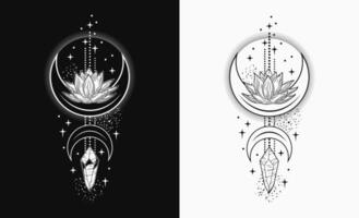 Vertical black and white celestial composition with lotus flower, magic glowing crystal, moon crescent, stars. Mysterious, mystical concept for meditation, clear consciousness. Vintage style. vector