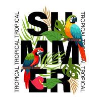 Summer banner. Parrots with tropical plants in flat style. Summer tropics. vector