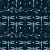 Mysterious seamless pattern with fantasy colored dragonflies, pixie, faerie, scattered leaves, sparkles. Mystical magic, sorcery concept. Art nouveau style. vector