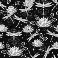 Black and white fantasy seamless pattern with lotus flower, flying fantasy dragonflies, dragonfly pixie, faerie, stars. Mysterious, fairytale concept. Black background. Vintage style. vector
