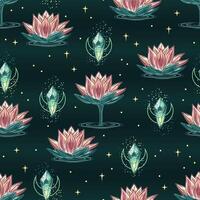 Seamless mysterious pattern with lotus flower, magic glowing crystals, crescent moon, scattered stars, sparkles. Mysterious, mystical concept for meditation, clear consciousness. Vintage style. vector