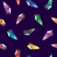 Pattern with color monochrome crystal gems on dark background. Magical, glowing minerals inside. Fantasy, mystical concept. Ruby, sapphire, emerald, topaz amethyst gems. Vintage style vector