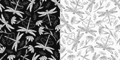 Seamless pattern with fantasy dragonflies, scattered chamomiles with stem, grass twigs. Monochrome illustration with nature objects and elements. Art nouveau style. vector