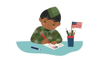 Memorial and Independence day concept. Boy writing a letter to a soldier. flat illustration. vector