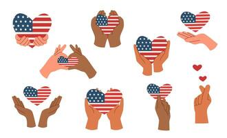 Set of hands holding hearts with american flag. Memorial day and Independence day concept. vector