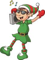 Christmas elf holding boombox cartoon drawing vector