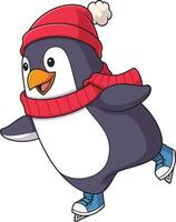 Winter penguin ice skating cartoon drawing vector