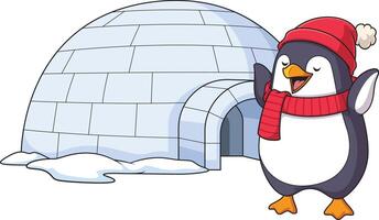 Winter penguin near igloo cartoon drawing vector