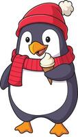 Winter penguin eating ice cream cartoon drawing vector