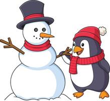 Winter penguin building snowman cartoon drawing vector