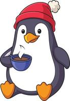 Winter penguin drinking coffee cartoon drawing vector