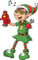 Cool christmas elf holding toy robot cartoon drawing vector