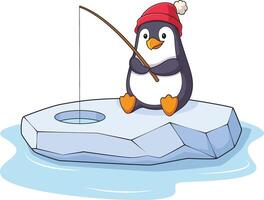 Winter penguin fishing cartoon drawing vector