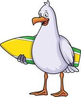 Seagull holding surfboard cartoon drawing vector