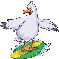Seagull surfing waves cartoon drawing vector