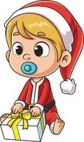 Baby boy santa opening xmas present cartoon drawing vector