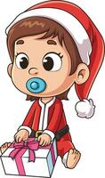 Baby girl santa opening xmas present cartoon drawing vector