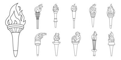 Torch with flame doodle icon set. The symbol of victory, success or achievement. Line art various flaming torches isolated on white. Doodle style hand drawn illustration vector