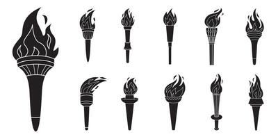 Torch with flame silhouette icon set. The symbol of victory, success or achievement. Silhouettes various flaming torches isolated on white. Doodle style hand drawn illustration vector