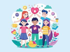 Happy Friendship Day Cute Cartoon Illustration with Boys and Girls Putting Their Hands in Flat Style vector