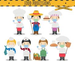 Covid 19 Health Emergency Special Edition. Set of Food Industry Professions with surgical masks and latex gloves in cartoon style vector
