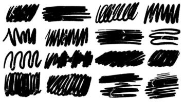 Charcoal bold zigzag lines and scribbles. Brush drawn scratches and scribbles. Set of bold various shapes. Childish drawing bold strokes. graffity style shapes. vector