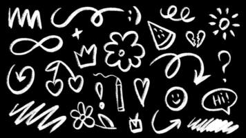 Hand drawn chalk doodle set. Charcoal pencil curly lines, squiggles and childish shapes. Chalk drawn elements. White charcoal on blackbackground. vector