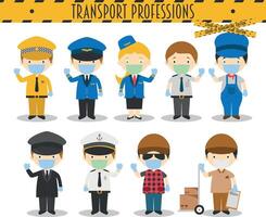 Covid 19 Health Emergency Special Edition. Set of Transport Professions with surgical masks and latex gloves in cartoon style vector