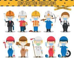 Covid 19 Health Emergency Special Edition. Set of Construction Professions with surgical masks and latex gloves in cartoon style vector
