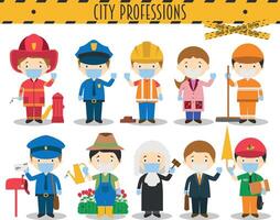 codicioso 19 salud emergencia especial edición. conjunto de ciudad profesiones con quirúrgico mascaras y látex guantes en dibujos animados estilo vector
